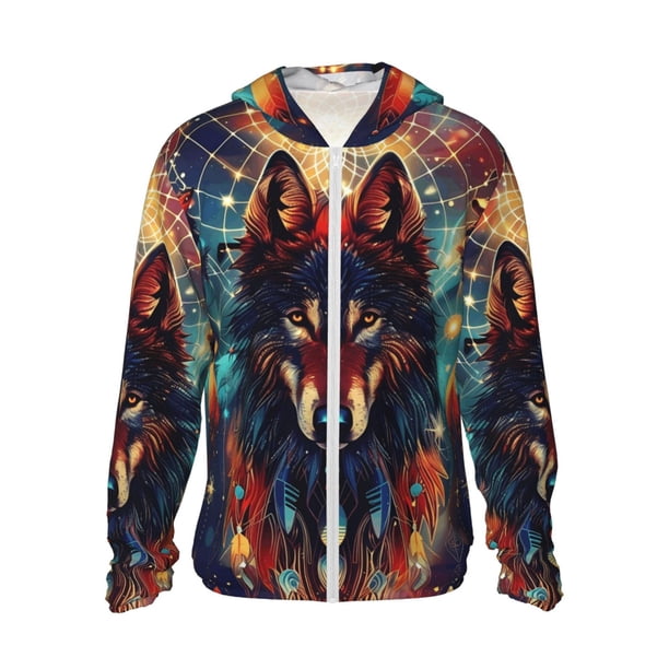 Balery Mystic Wolf Dreamcatcher Sudadera ligera de manga larga con capucha y protección solar UPF 50+ para hombre y mujer, ideal para pesca y running-Large