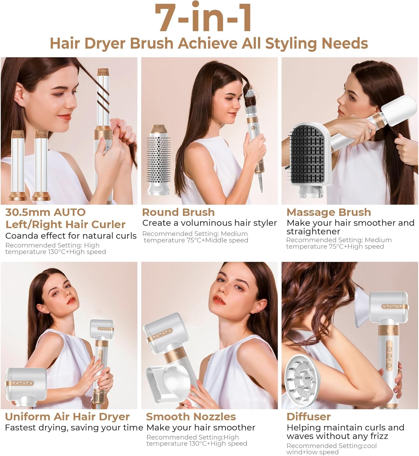 7-in-1 Hair Dryer Brush Set with Diffuser & Concentrator - Professional Ionic Hot Air Styler with Auto-Wrap Curler for Straight, Wavy & Curly Hair, Includes Storage Case
