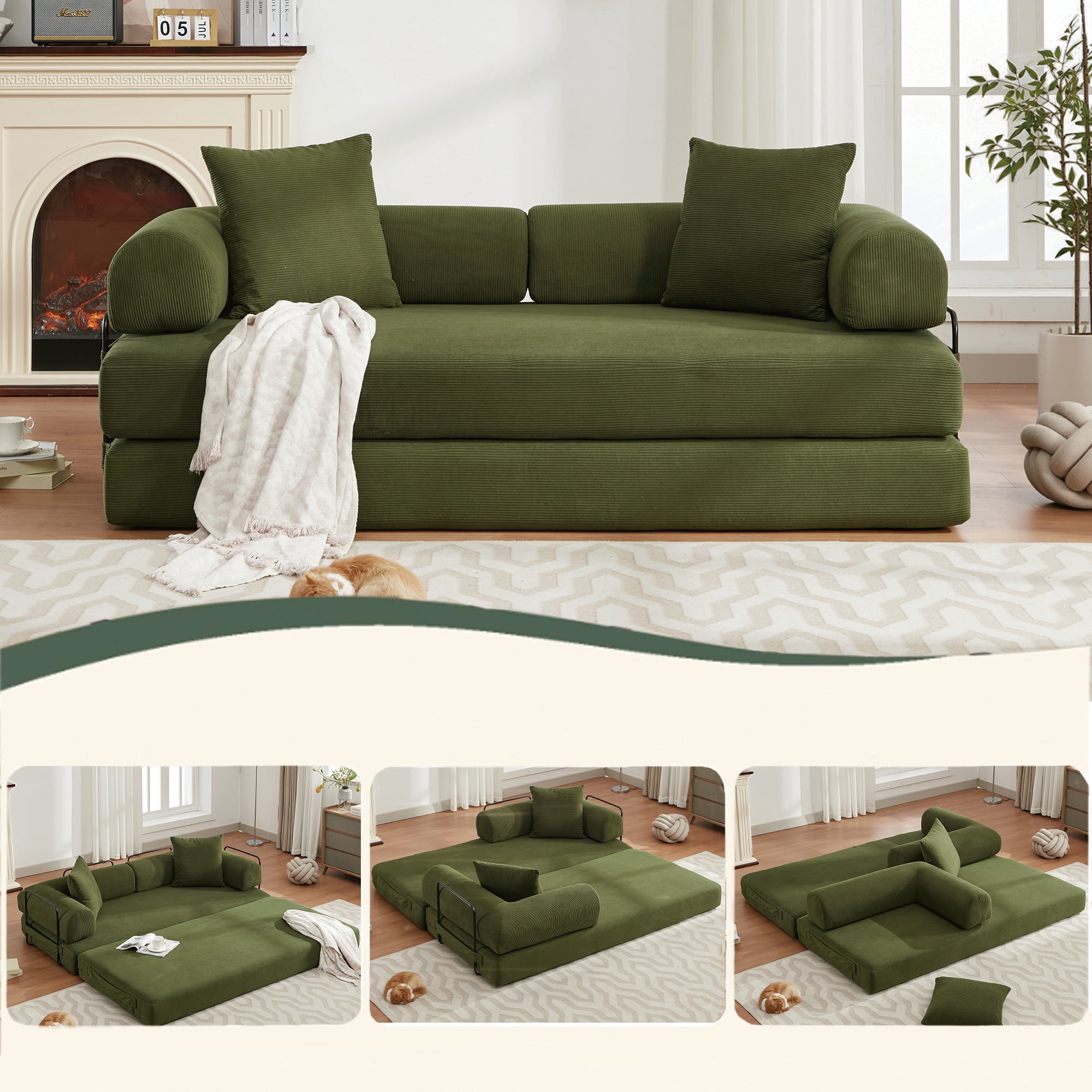 Aukfa 78.5" Convertible Sleeper Couch Folding King Size Futon Sofa for Living Room, Corduroy, Green