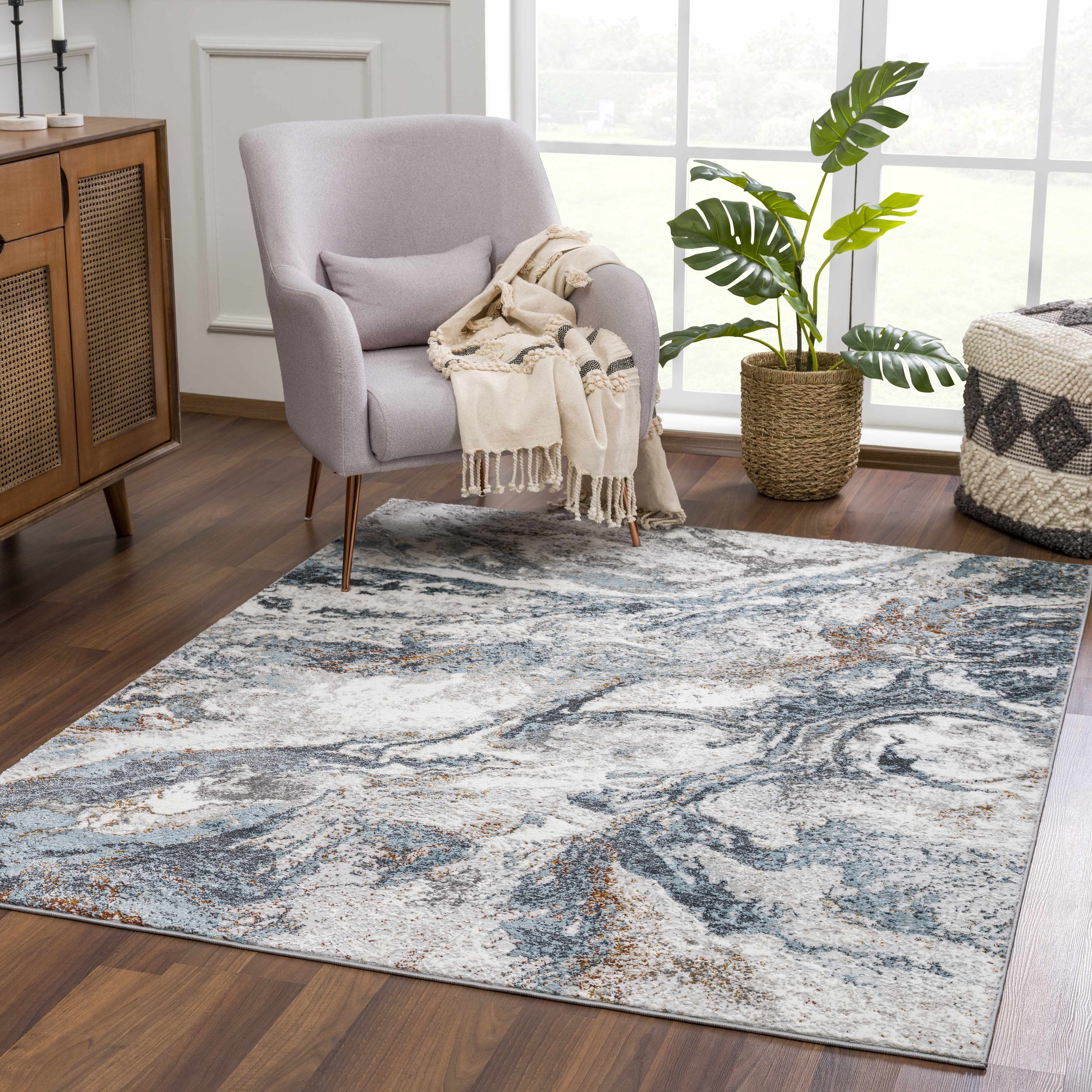 Hauteloom Liverpool Modern Abstract Bedroom Living Room Area Rug - Boho Carpet - Contemporary Bohemian Farmhouse - Blue, Light Grey, Dark Grey - 6'7" x 9'