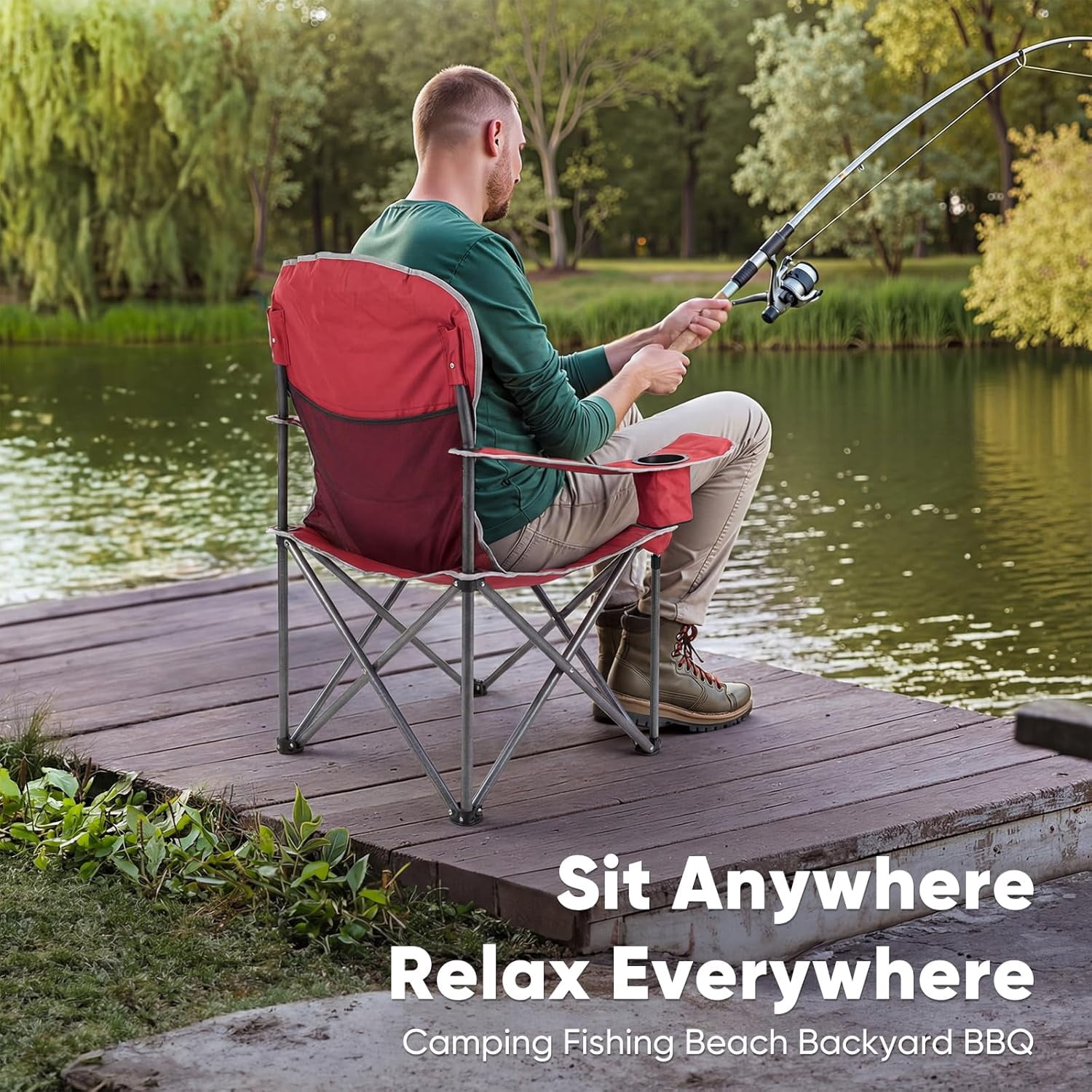 2 PCS Oversized Camping Chair, Folding Chairs with Padded Back and Armrest, Steel Frame with Cooler Bag, Storage Netting Cup Holder, Red