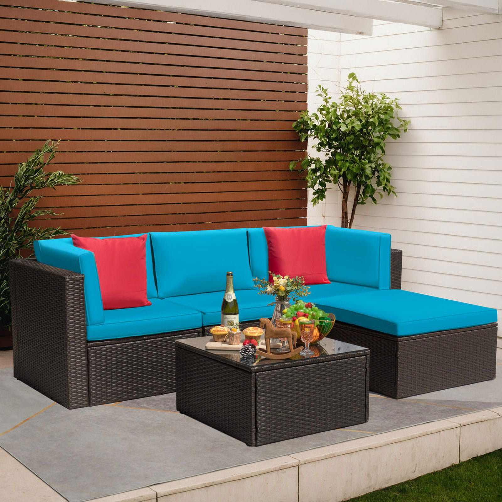 Homall 5-Piece PE Rattan Outdoor Sectional Sets with Tea Table and Ottoman, Blue
