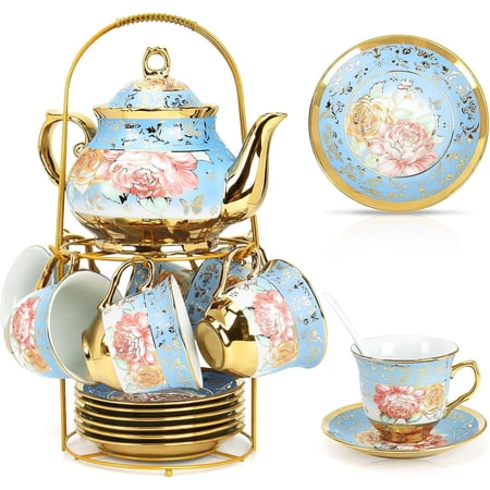 20-Piece Porcelain Tea Set with Metal Holder 700 ml Teapot Serene Blue