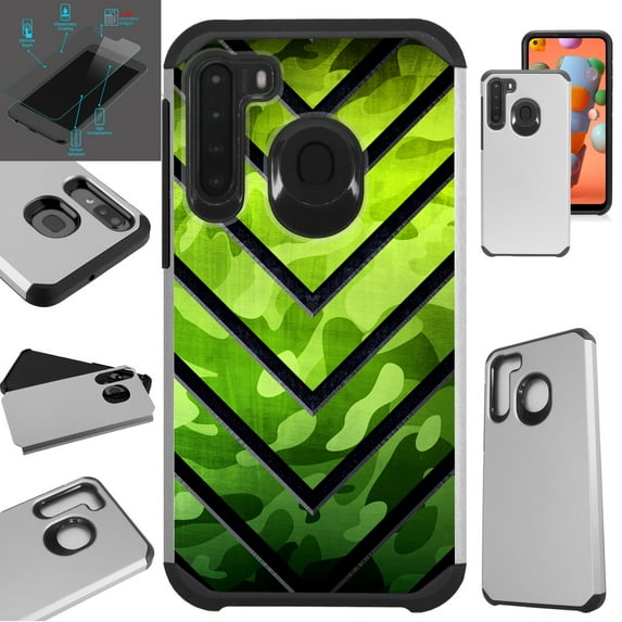 WORLD ACC Fusion Phone Case Compatible with Samsung Galaxy A21 + TEMPERED GLASS Hybrid Cover (Metal V Green Print)