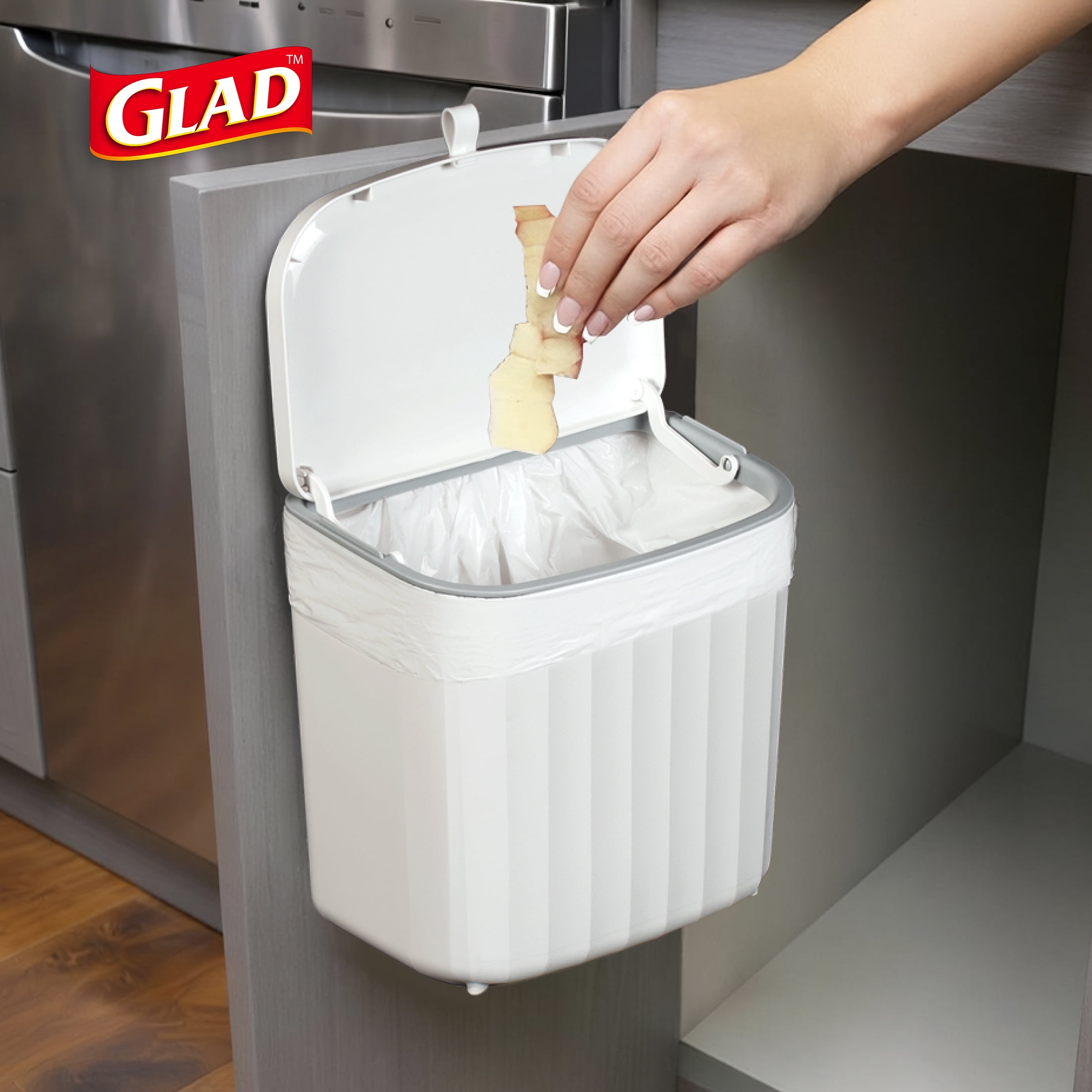 Glad Kitchen Compost Trash Can, 1.8 Gallon Plastic Garbage Bin, White