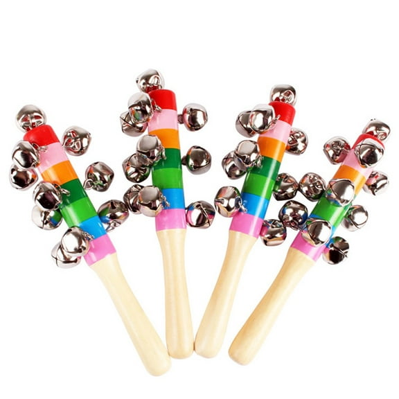 Jingle Bells for Kids, 2 Pack Vivid Color Rainbow Handle Wooden Bells Jingle Stick Shaker Rattle 10 Jingle Bells Baby Kids Children Musical Toys