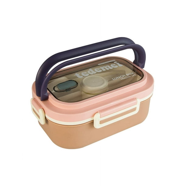 LONCHERA DE 4 DIVISIONES Ideal para micro ondas, 2 separadores desmontables, 2 seguros anti derrame, incluye cubiertos, válvula para el vapor, silicón de grado alimenticio y acero inoxidable