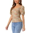 thumbnail image 4 of INSPIRE CHIC Women's Puff Sleeve Tops Sweetheart Neck Smocked Floral Blouses M Orange Brown, 4 of 6