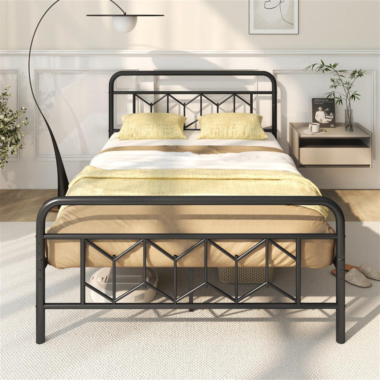 Demi Bonn Full Size Bed Frame with High Headboard and Snap Lock Metal Slats, Platform Bed Frame with Under Bed Storage, No Box Spring Needed, Black