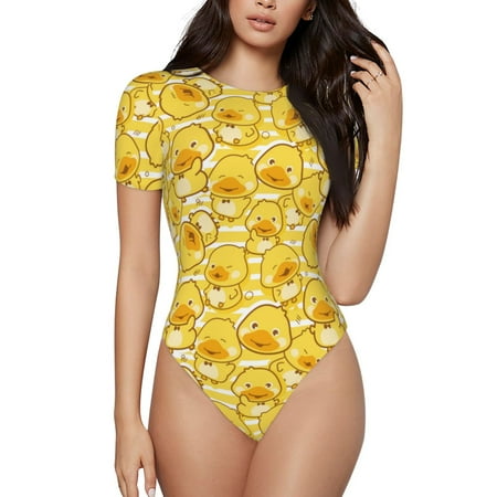 Gaeub Cool Duck With Yellow Strip Print Women s Short Sleeve One Piece Swimsuit Sexy High-Waisted Bodysuit Bathing Suit for Swimming  Beach  Sports-Medium