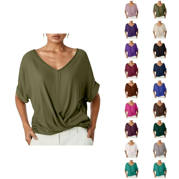 Womens T Shirts Summer Tops 2025 Solid Color V-Neck Short Sleeve Twist Knot Hem Stylish Tees Tshirts Shirts for Women