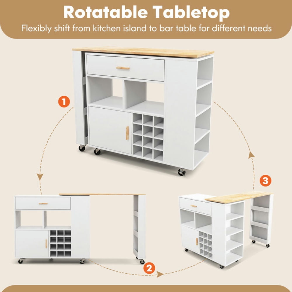 Finihen Rolling Storage Cabinet Cart, Kitchen Island Cart, Reversible Folding Kitchen Island Cart with Wine Rack and Spice Rack, for Kitchen, Dining Room, White Finihen Rolling Storage Cabinet Cart, Kitchen Island Cart, Reversible Folding Kitchen Island Cart with Wine Rack and Spice Rack, for Kitchen, Dining Room, White