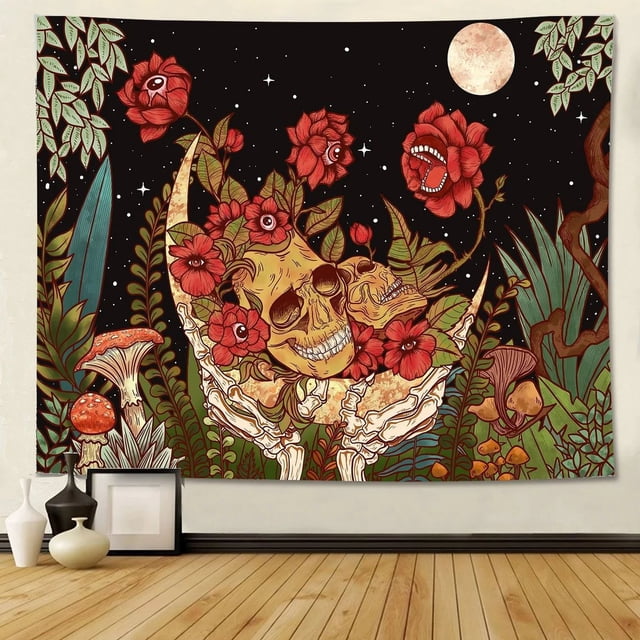 Flor Calavera Colgante de pared Luna Jardín Tapiz estético Seta Planta Tapiz 150 * 150 cm JAMW Sencillez