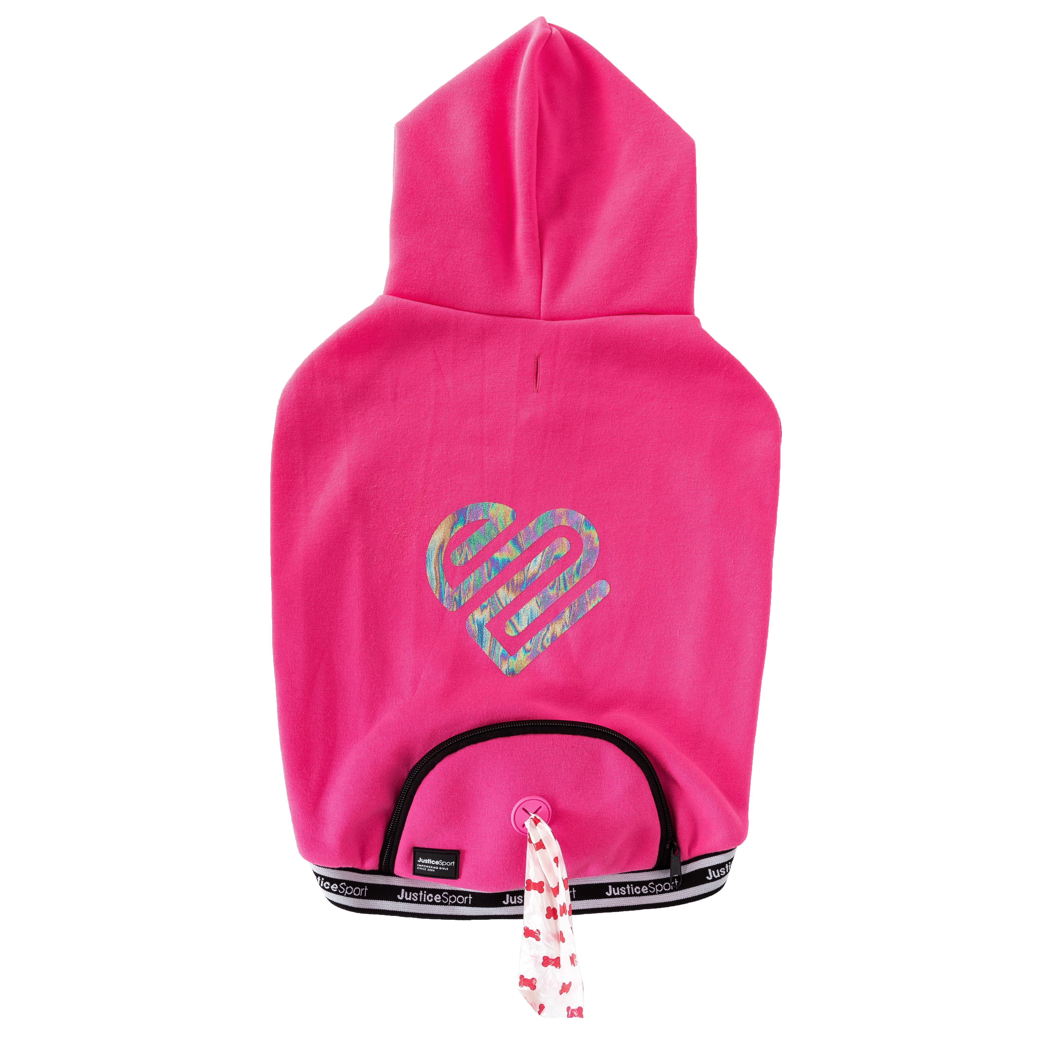 Justice Pet Wastebag Dispensing Pocket Fleece Heart Dog Hoodie, Pink, L