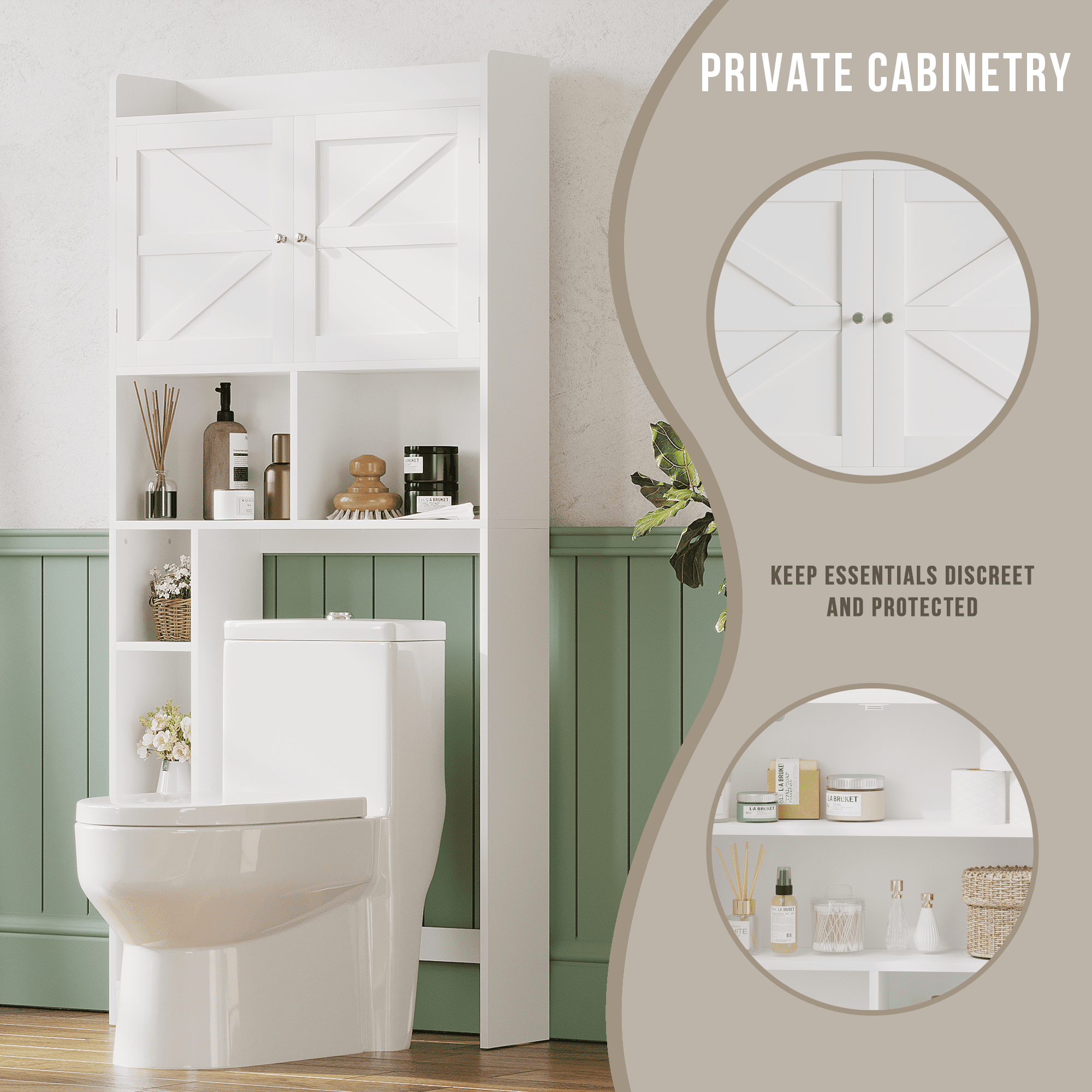 Over-The-Toilet Storage Cabinet with Adjustable Shelf,Bathroom Shelves Organizer Space Saver,Freestanding Toilet Organizer Rack with Double Doors and Open Shelves for Bathroom
