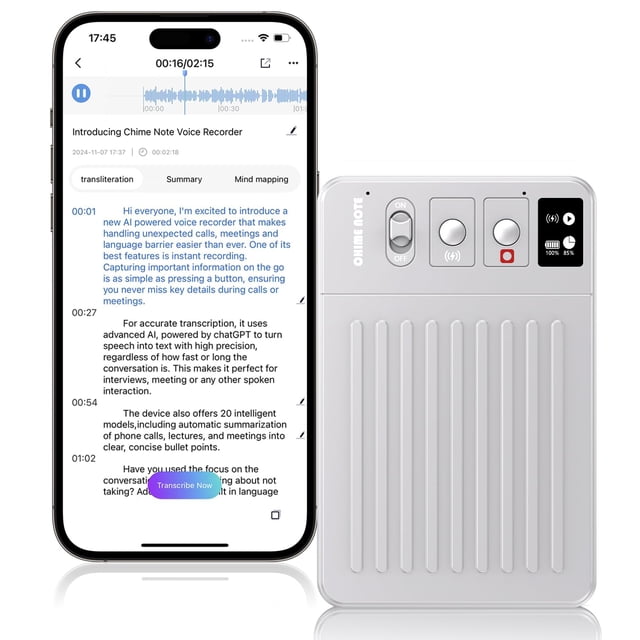 Grabadora de voz AI ClicoByte CHIME NOTE Transcribe 107 idiomas