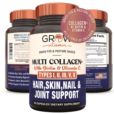 Grow Vitamin Multi Collagen Capsules - Types I, II, III, V & X - 1800mg - Hydrolyzed Blend with Biotin & Vitamin C for Hair, Skin, Nails 90 Capsules