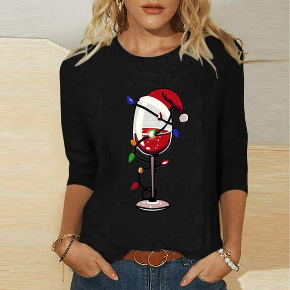 Xqxayjr Women's 3/4 Sleeve Christmas Sweatshirt Casual Holiday Crewneck Red Wine Glass Xmas Santa Hat Printed Tops Shirts Trendy Plus Size Tunic Tops Fall Clothing