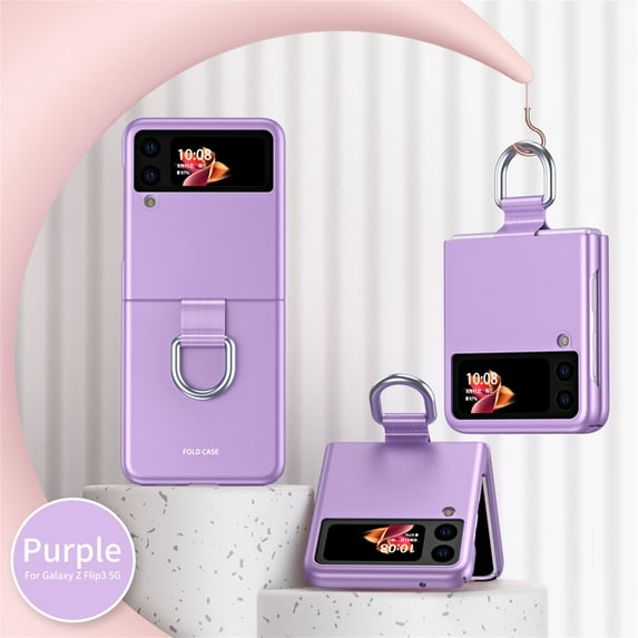 Nalacover Slim Folding Case for Samsung Galaxy Z Flip3, Ribbon Drawstring Cover with Metal Ring, Smooth Rugged PC Shockproof Lens Protection Case for Samsung Galaxy Z Flip3, Purple