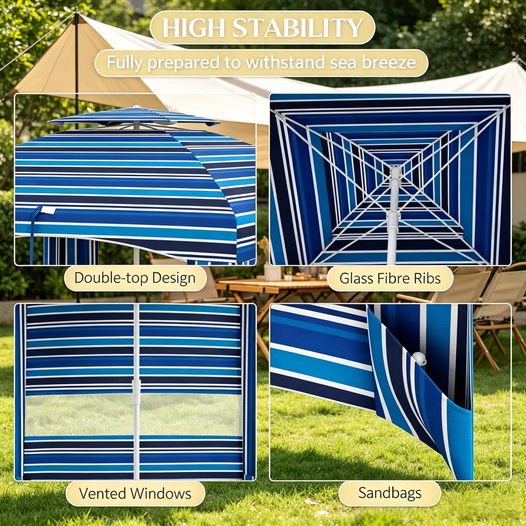 Travel Beach Umbrella with Side Walls, Air Vents, Ruffles and Carry Bag, Blue Stripe 5.8ft x 5.8ft