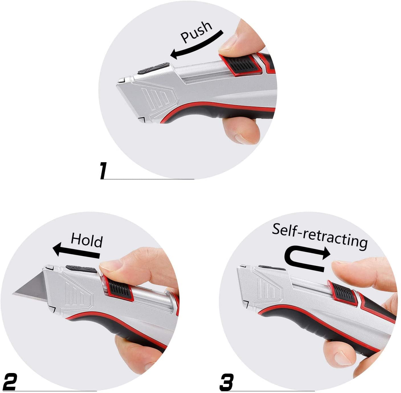 Self-Retracting Box Cutter with Holster & Belt Clip, Auto Retractable Safety Utility Knife with Total 10PCS 5 blades, Aaluminum Shell with Rubber Grip, Sturdy & Strong