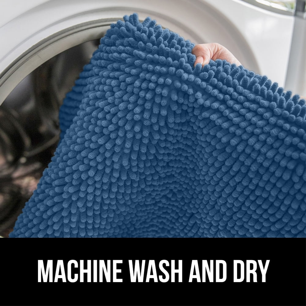 GORILLA GRIP Chenille Bath Rug 24x17, Rubber Backing Quick Dry Washable Microfiber Mats, Blue