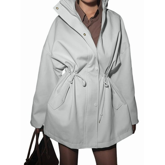 Women'S Long-Sleeved Stand Collar Mid-Length Drawstring Waist Fitted Pure Cotton Trench Coat Jacket Cream White L