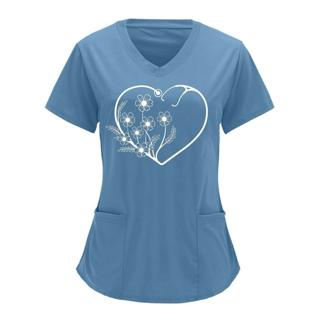 TIMIFIS Hauts d'Uniforme de Travail pour Femmes de la Saint-Valentin, Blouse de Travail à Manches Courtes et Col en V - Bleu - Printemps