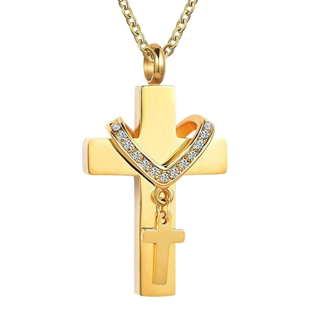 Collar de urna de cremación con colgante de doble cruz de acero clásico para hombres y mujeres especial Dorado