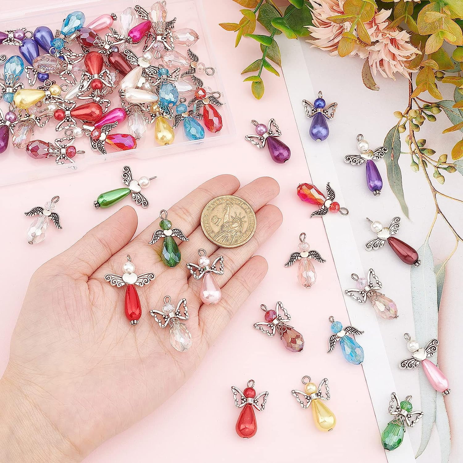 1 Box 60Pcs Angel Charms Angel Beads Beading Guardian Charm Beaded Wings Faceted Glass for Jewelry Making Party Favor Gift DIY Necklace Earring Keychain Craft Mixed Color Mixed Color