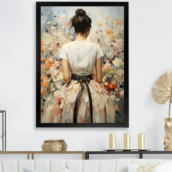 Designart "Impressionist Fashion in Flower Field I" Fashion Framed Wall Art - Glam White Dior Entryway Framed Wall Art Print