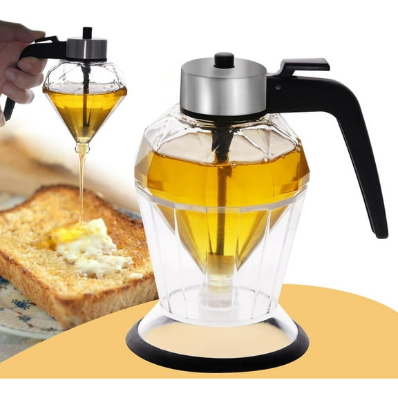 Asivwid Honey Dispenser, Glass Syrup Dispenser for Pancakes, Elegant Diamond Shaped Honey Pot, Honey Jar with Stand Base, No Drip Sauce Dispenser for Edible Oil, Vinegar, Soy sauce