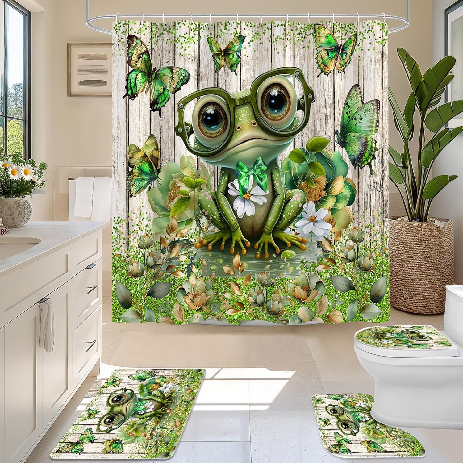4 Pcs Floral Frog with Glasses Cute Kids Shower Curtain Sets with Rugs for Bathroom Decor, Funny Bathroom Sets with Shower Curtain and Rugs, Country Bathroom Curtain Set (Hooks Not Included)