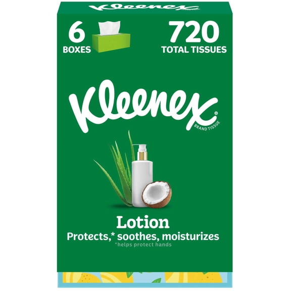 Kleenex Lotion Facial Tissues with Coconut Oil, 6 Flat Boxes, 120 Tissues Per Box, 3-Ply