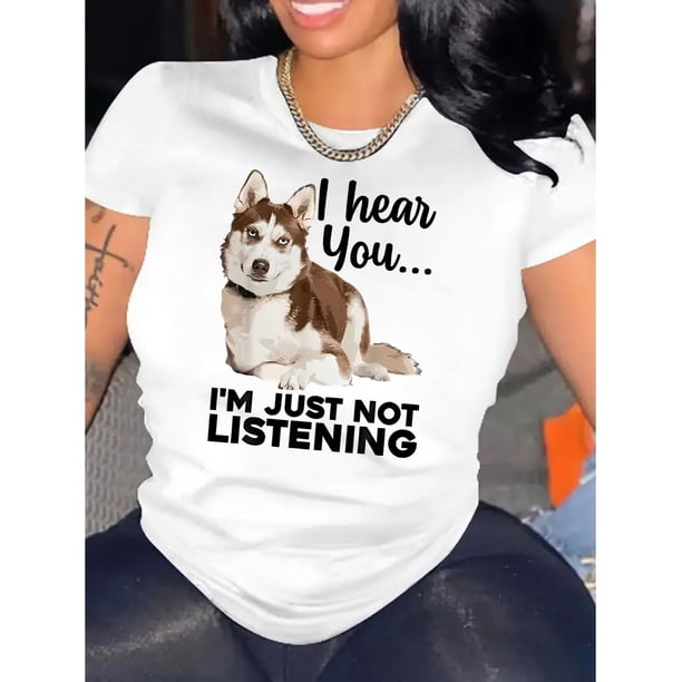 Camisetas de verano para mujer, con estampado, lindo, holgadas, atléticas, de manga corta, casual, 2025Women'S Casual Crew Neck T-Shirt with Husky Print, Fashionable Short Sleeve Top, Medium Stretch
