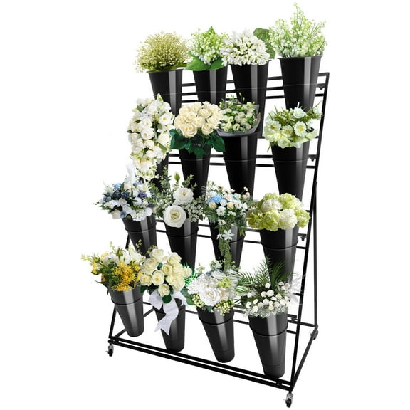 Flower Display Stand, 4 Layers Metal with Wheels, 16 Buckets Moving Florist Bouquet Shelf, for Fresh Flower Shop, Patio Garden, Living Room, Outdoor Pop-Up Markets