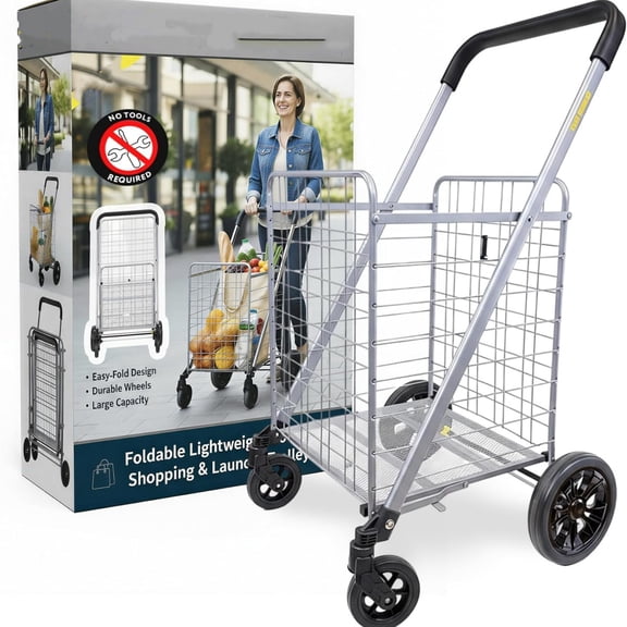 2 - Foldable Shopping Cart with Wheels for Groceries - Heavy Duty Utility Cart with Brake System - Collapsible Laundry Cart
