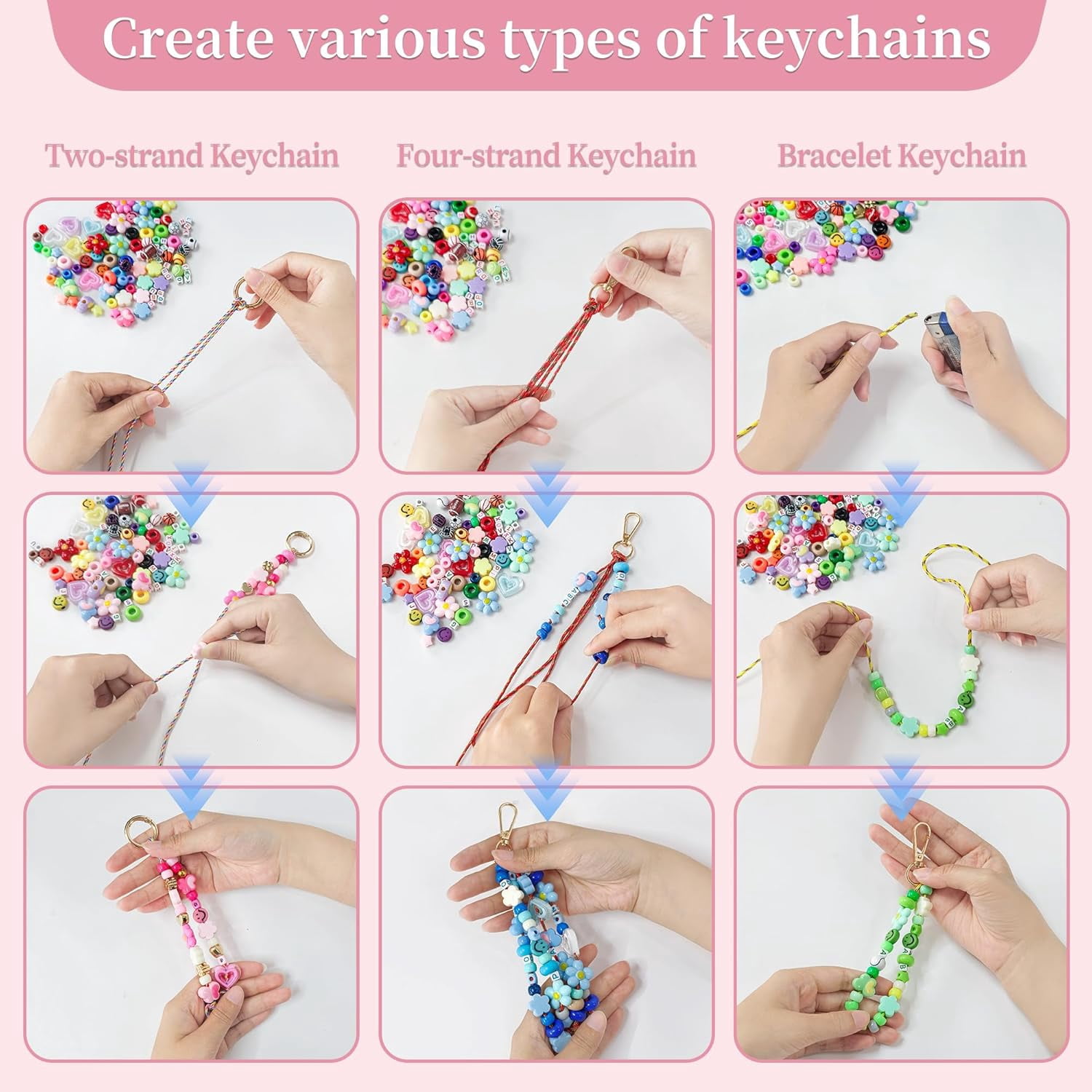 528PCS DIY Beaded Keychain Making Kit for Adult Women, Acrylic Heart Star Flower Alphabet Beads Charms, All-in-One Craft Supplies for Handmade Jewelry & Bag Decor