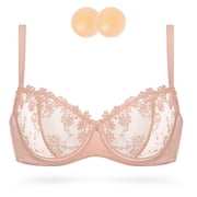 Wingslove Women's Sexy Lace Sheer Bra Demi Mesh Balconette See Through Unlined Underwire with Silicone Nipple,Pink Nude 38B
