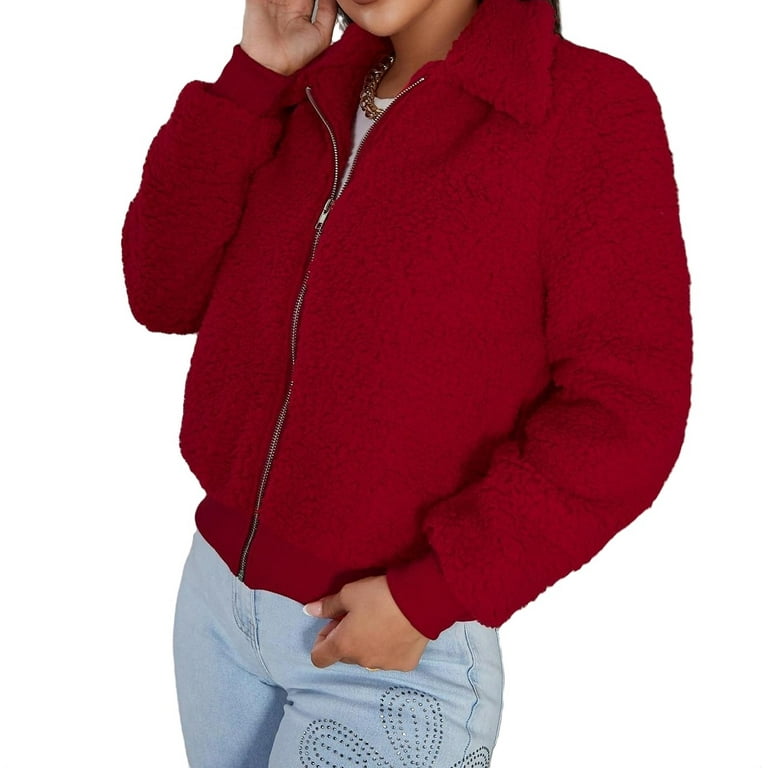 Casual Plain Collar Teddy Long Sleeve Burgundy Women s Jackets Women s