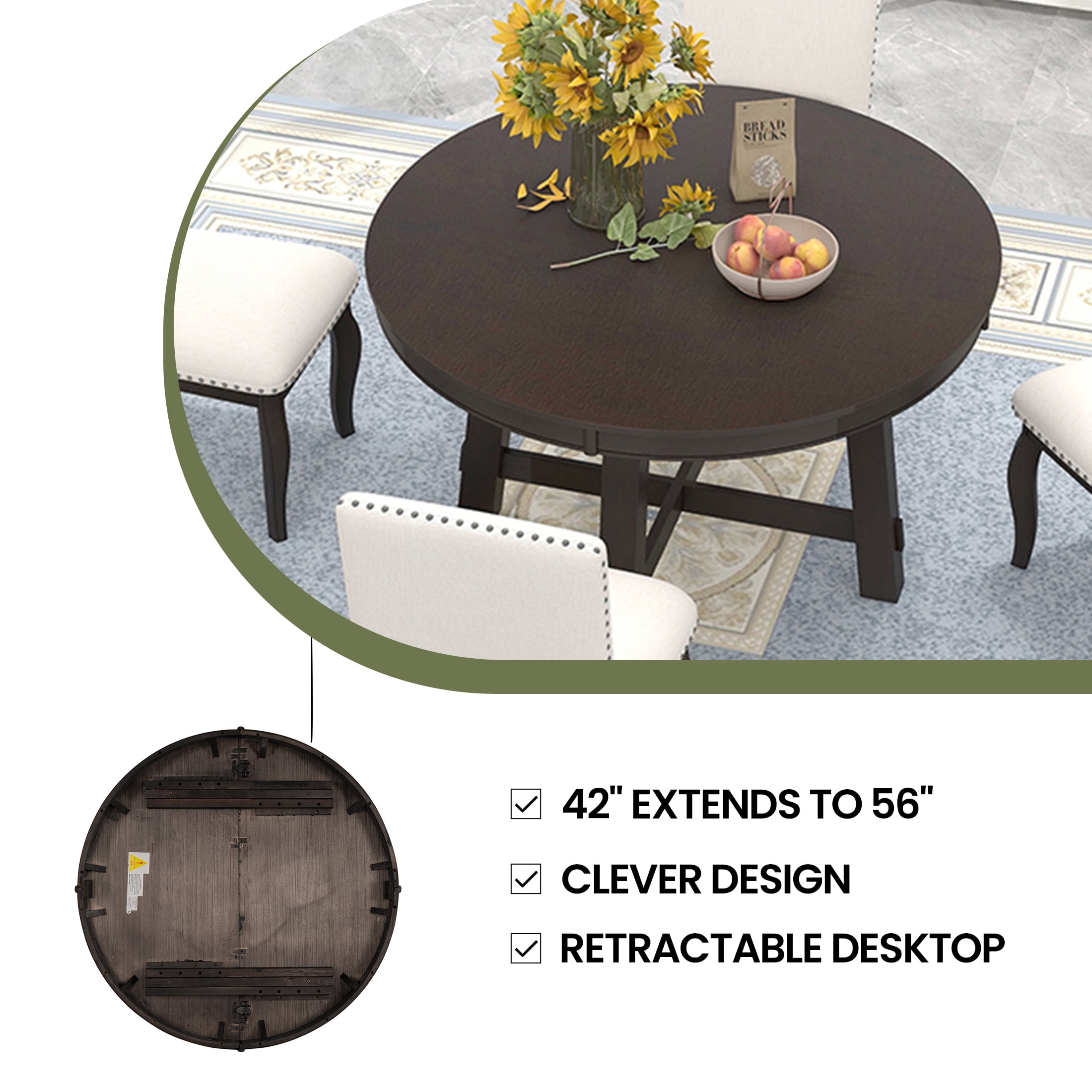 Aukfa Dining Table for 4-6, 42"-58" Extendable Round Kitchen Table with 16" Rustic Drop Leaf for Dining Room/Living Room, Espresso