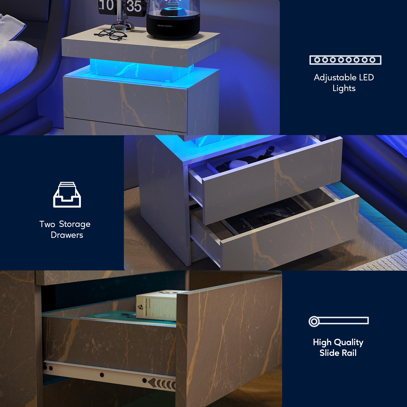 Nightstand LED Bedside Table Cabinet Lights Modern End Side with 2 Drawers for Bedroom