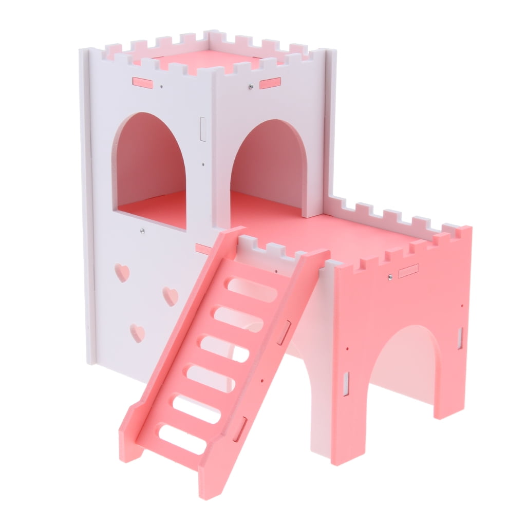 Bvdfgk Hamster Hideout House Cabin Cages Wooden Play Toy Pink