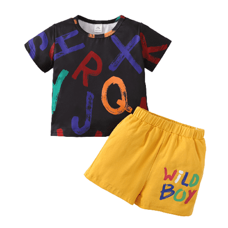 

Kucnuzki 6 Months Baby Boy Summer Outfits Shorts Sets 9 Months Short Sleeve Contrast Colorful Letter Prints Tops Elastic Cozy Shorts 2PCS Set Yellow