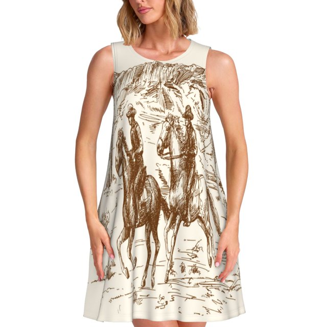Vsdgher Robes d'Été Imprimées Western Desert Cowboys1 pour Femmes, Robe de Plage Décontractée Sans Manches avec Poche