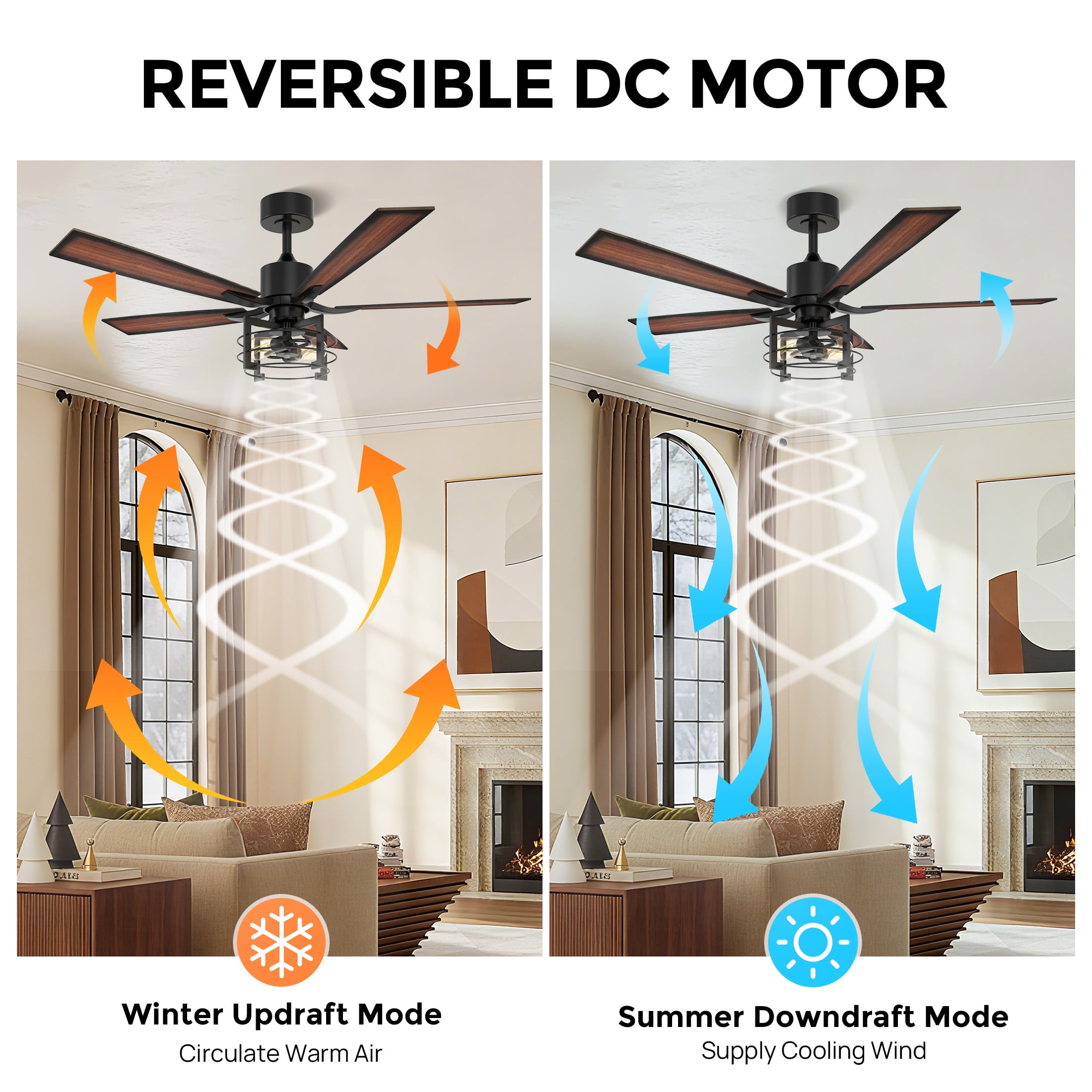 Consciot 52 Inch Ceiling Fans With Lights & Remote, Reversible Motor, Modern Farmhouse Caged Ceiling Fan, 5 Double Finish Wood Blades, Rustic Ceiling Fan For Porch, Living Rooms, Bedroom, Black