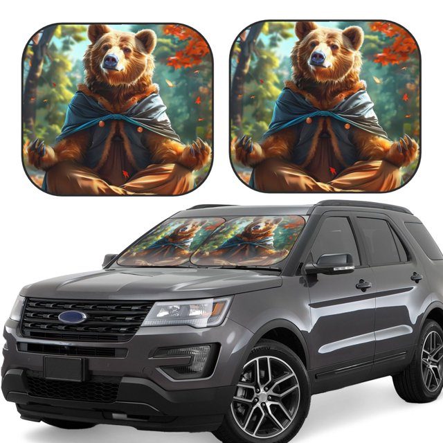 Vsdgher Maple Meditating Bear Print Car Windshield Sun Shade, Reflective Sunshade Window Sunshade Sun Visor Protector Fit for Cars,Trucks,SUVs-Large