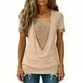 thumbnail image 6 of XUNKUSGA Blouses for Women Summer Fashion Sequin Cowl Neck Short Sleeve Tops For Women Loose Soild Color Ruffled Layered Ladies Tops and Blouses S-5XL,Beige, 6 of 9