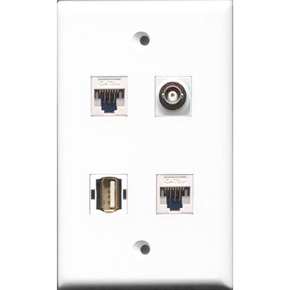 RiteAV - 1 Port USB A-A and 1 Port BNC 2 Port Cat5e Ethernet White Wall Plate