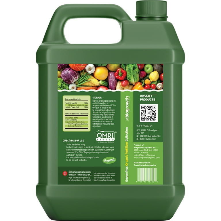 BIOGROWTH ORGANICS Enzymplus Liquid Organic Fertilizer for Vegetables, 10L  Concentrated Enzyme Formula, Boosts Soil Health, Improves Plant Growth,  OMRI Listed, 2.64 Gallon (1-0-1) - Walmart.com